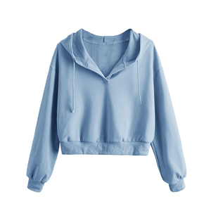 Sweat-shirt à capuche bleu clair uni pour femme, manches longues, style décontracté, crop top en coton tricoté, style automne - Product Image 3
