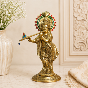 Escultura de Flauta de Krishna en Latón, Estilo Art Deco Geométrico, Lujosa, para Festival Espiritual, Regalo de Janmashtami, Adorno de Mesa o Templo - Product Image 1