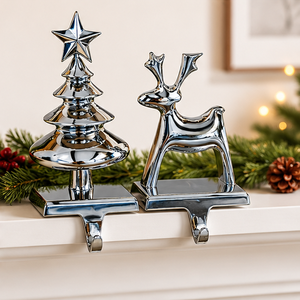 Polished Nickel Christmas Tree And Reindeer <b>Stocking</b> <b>Holder</b> Hangers Aluminium Non-Slip Weighted Base Metal Festive Mantle Decor - Product Image 2