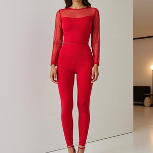 <b>Red</b> 2 Piece Yoga Set With <b>Crop</b> <b>Top</b> Full-Length Leggings High Waist Sheer Layer Cut-Out Design Seamless Breathable - Product Image 4