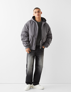 Chaqueta Bomber Negra para Hombre, Color Sólido, Cierre de Cremallera, Cortavientos, Informal, Ropa de Invierno, Cuello Alto de Lona, Relleno de Poliéster - Product Image 3