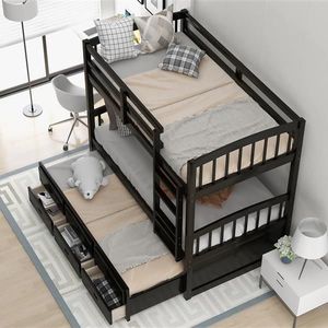 Espresso Wood Bunk Bed with Trundle and Drawers Kids & Teen Storage Solution - Product Image 4