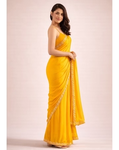 Sari KV para mujer, amarillo, de georgette, con borde adornado, listo para usar, con blusa sin coser - Product Image 6