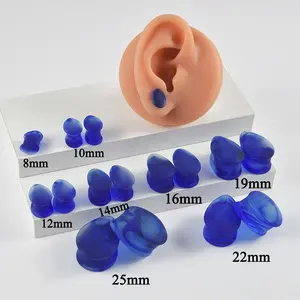 Penutup telinga kaca buram warna asap biru berbentuk tetesan kaca berkobar ganda dijual Ear Gauge Expander perhiasan tindik