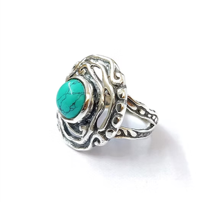 Turquoise Floral Shaped 925 Silver Split Band Smooth Fit Finger Ring Classic Style Daily Wearable Jewelry - Product Image 3