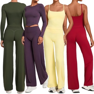 Ensemble de leggings 2 pièces pour femmes, taille haute, couleur unie, séchage rapide, sans manches, en spandex/nylon, taille élastique, longueur intégrale, pour l'entraînement et la gym - Product Image 5