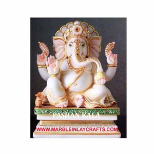 Statue en marbre peinte à l'or du dieu Shri Ganesh Ji pour la décoration de la maison, statue du Seigneur Ganesha en marbre blanc pur Makrana, articles exclusifs - Product Image 1