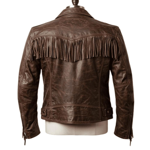 Men's Brown Genuine Leather <b>Biker</b> <b>Jacket</b> With Fringe Turn-down Collar Zipper Closure Regular Fit Autumn Wear - Product Image 6