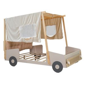Letto a Forma di Auto in Legno per Bambini con LED, Cuscino Naturale e Telo per Soffitto, Misura Twin per Ville, Include Funzione di Stoccaggio - Product Image 5