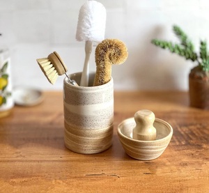 Porte-ustensiles en céramique artisanale en grès, finition émail bicolore, base lourde, durable, résistant à la chaleur, organisateur de comptoir de cuisine - Product Image 6
