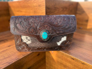 Bolso de hombro de cuero de piel auténtica con pelo hecho a mano para mujer, bolso de piedra turquesa de cuero con herramientas occidentales para mujer con estilo - Product Image 4