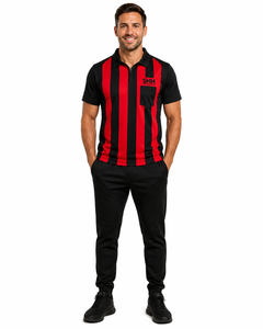 Men Red Black Striped Referee <b>Shirt</b> Half <b>Zip</b> Polo Collar Chest Pocket Short Sleeve Professional Football Officials Game Jersey - Product Image 5