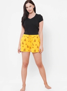 Shorts de Algodón Estampados Amarillos para Mujer, con Cintura Ajustable con Cordón, Tejido Casual, Transpirable, Corte Regular - Product Image 1