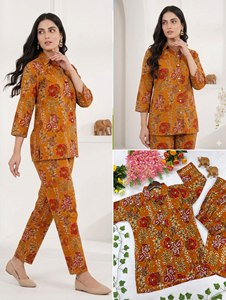 Premium Floral Print Women's Co-ord Set Mustard Yellow Cotton Button-<b>Down</b> Tunic <b>Trouser</b> Two-Piece Casual Summer Party Outfit - Product Image 2