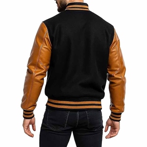 Unisex Black Varsity Jacket Hooded Breathable Wool/Viscose Sleeves Single <b>Button</b> Closure Casual Outerwear Regular Fit Autumn - Product Image 2
