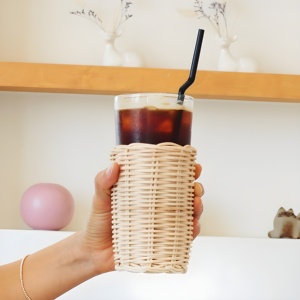 Water Cup Glass Pitchers Rattan <b>Wrapped</b> Drink Tumbler Woven Pitcher Cups Holder Drinkware Housewarming Gifts - Product Image 2