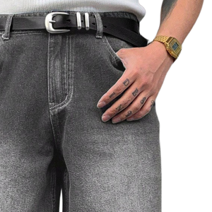 Jean en denim délavé noir et gris pour homme, coupe ample, style décontracté, jambe droite, vintage, streetwear, pantalon tendance pour tous les jours - Product Image 3