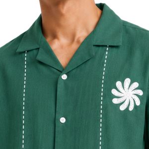 เสื้อเชิ้ตคิวบาคอปกสีเขียว แขนสั้น ปักลายสีขาว ผ้าฝ้ายลินิน ติดกระดุม ลำลอง แฟชั่นชายหาดฤดูร้อน - Product Image 5