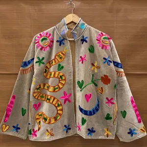 Luxury Khaki <b>Velvet</b> Embroidered Suzani <b>Jacket</b> With Snake Floral Pattern Full Sleeve Stand Collar Handmade Bohemian Winter Coat - Product Image 1