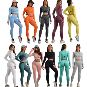 <b>Pink</b> Two Piece Yoga Set Long Sleeve <b>Crop</b> <b>Top</b> High Waist Leggings Solid Color Seamless Stretch Sportswear - Product Image 5