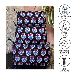 Premium Hand Block Print Quilted Cotton Indian Artisanal <b>Toiletry</b> set of 3 Waterproof Lining Zip Closure Durable Daily Use - Product Image 2