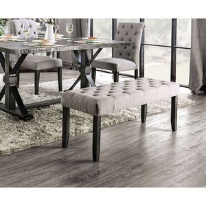 Classica Panca in Tessuto di Lino Grigio Chiaro con Bottoni, Sedia in Legno Massello con Seduta Imbottita, Arredamento Rustico per Sala da Pranzo e Colazione - Product Image 2