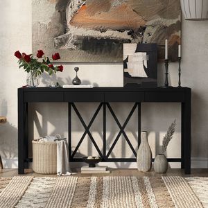 U_Style 60 Modern Crisscross Design Console Table 4 Spacious Drawers Acacia Veneer Material <b>Open</b> Bottom <b>Storage</b> Entryway - Product Image 2