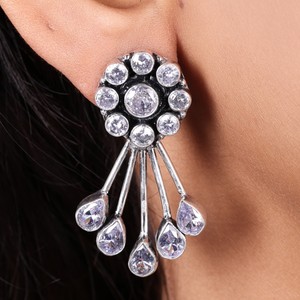 Trendy Brass Oxidized Silver Zircon Flower Design Multi Gemstone Dangle Drop <b>Earrings</b> Wholesale Bulk Handmade Designer for Women - Product Image 6