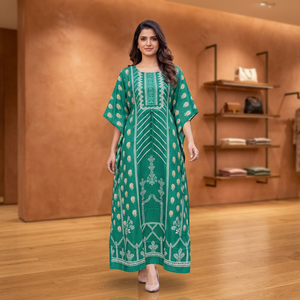 Ethnic Kaftan <b>Dress</b> With White Print Loose Fit Floor-Length For <b>Women</b> Casual Wear India Pakistan Style - Product Image 5