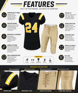 Ensemble d'uniformes de football américain style mode noir et jaune, numéro 24, unisexe adulte, respirant, en polyester, vente en gros - Product Image 5