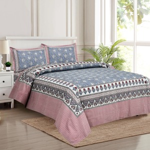 Parure de lit 3 pièces Alankriti en coton 100% (200 fils/cm²) à motif floral imprimé au bloc, anti-acariens, toutes saisons, faite à la main en Inde - Product Image 2