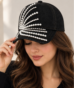 Black Embellished Baseball <b>Cap</b> for <b>Women</b>, Rhinestone Pearl Studded Hat, Glam Fashion Accessory, Statement Streetwear - Product Image 6