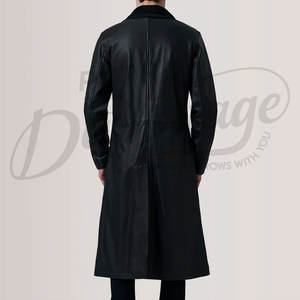 Manteau long en cuir noir de qualité supérieure pour homme, classique, pour l'hiver, en cuir véritable, col double, coupe-vent - Product Image 3