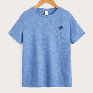 เสื้อยืดแขนสั้นผ้าฝ้ายสีน้ำเงินพิมพ์ลายต้นปาล์มคอกลมเสื้อผ้าลำลองสำหรับเด็ก - Product Image 1