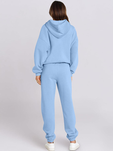 Conjunto Deportivo para Mujer, Sudadera con Capucha Azul Claro, Pantalones Deportivos, Corte Holgado Informal, Manga Larga, Color Sólido, Transpirable, de Algodón, para Otoño - Product Image 2