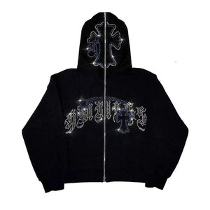 เสื้อฮู้ดโอเวอร์ไซส์ประดับเพชร สไตล์ฮิปฮอปสำหรับผู้ชาย สีดำ ผ้าฝ้ายถัก ซิปด้านหน้า ลายตัวอักษร สำหรับใส่ในฤดูใบไม้ร่วง - Product Image 6