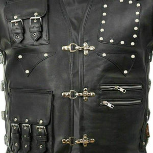 Gilet moto en cuir véritable pour homme avec rivets décoratifs, fermeture à ceinture, sans col, couleur unie, vêtement d'extérieur d'automne, gilet en cuir en gros - Product Image 6