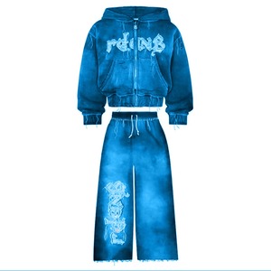 Ensemble de survêtement streetwear d'hiver personnalisé, coupe courte, délavé à l'acide, effet usé, avec strass, pantalon de survêtement épais et sweat à capuche zippé - Product Image 5