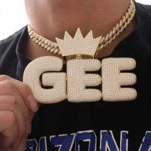 Collier chaîne avec pendentif lettre couronne en forme de glaçon, plaqué argent et or, incrustation de moissanite, bijoux hip-hop pour hommes - Product Image 3