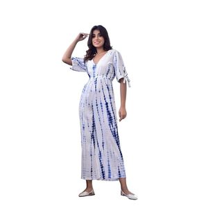 Mono de chifón bohemio tie-dye sexy para mujer, con cuello en V, manga abullonada, cintura midi, ajuste holgado, ideal para primavera/verano y playa. - Product Image 1