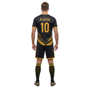 Nuevo Conjunto de Uniforme de Fútbol Personalizado Negro y Dorado para Hombre, Sublimado, Cuello en V, Bolsillos Laterales, Transpirable, Secado Rápido, Ropa Deportiva para Equipo - Product Image 4