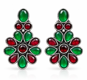 Pendientes de Plata Oxidada con Flores y Piedras Coloridas Verdes y Rojas, Pendientes Florales para Mujer, Joyería de Moda al por Mayor - Product Image 1