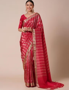 KV Women's Silk Blend <b>Red</b> Stripes Woven Designer <b>Saree</b> With Unstitched - Product Image 3