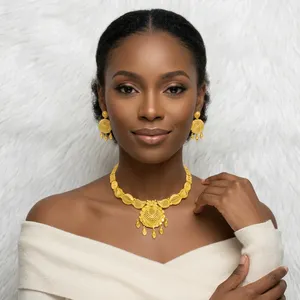 New Arrival Women's 18K Gold Plated Jewelry Set Classic Box <b>Chain</b> Necklace & Earrings Flower Shape - Product Image 2