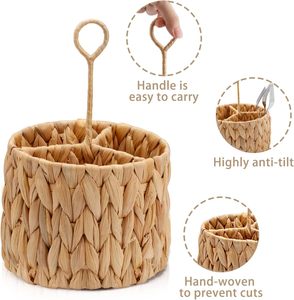 Wholesale Water Hyacinth Straw Flatware <b>Caddy</b> Handwoven Cutlery Holder with Handle 4 Slot Condiment Organizer Tableware - Product Image 2
