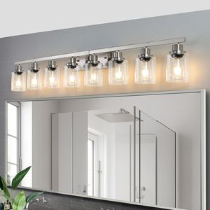 Lampada da Bagno Moderna a 8 Luci da 51 Pollici, Finitura Nichel Spazzolato con Paralumi in Vetro Trasparente per Mobili da Bagno - Product Image 3