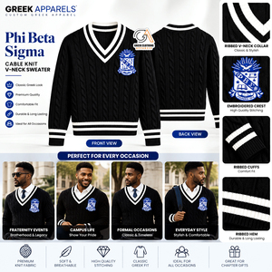 <b>Men's</b> Phi Beta Sigma Black Cable Knit V-Neck Sweater Embroidered Crest Front <b>Cardigan</b> Winter 100% Polyester Breathable - Product Image 5