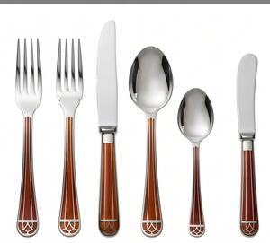 Ensemble de couverts classiques en acier inoxydable avec manches en bois, finition miroir haute brillance, compatible lave-vaisselle, pour table de mariage. - Product Image 1