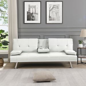 Two-Holder Armrest <b>Sofa</b> Bed with <b>Wood</b> <b>Frame</b> and Stainless Leg FUTON White PVC Material - Product Image 2