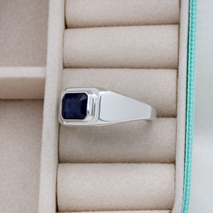 925 Sterling <b>Silver</b> Rectangular Cut Blue Sapphire Bezel Setting <b>Ring</b> for <b>Men</b> Classic Style Unisex Wedding Party Everyday Wear - Product Image 4